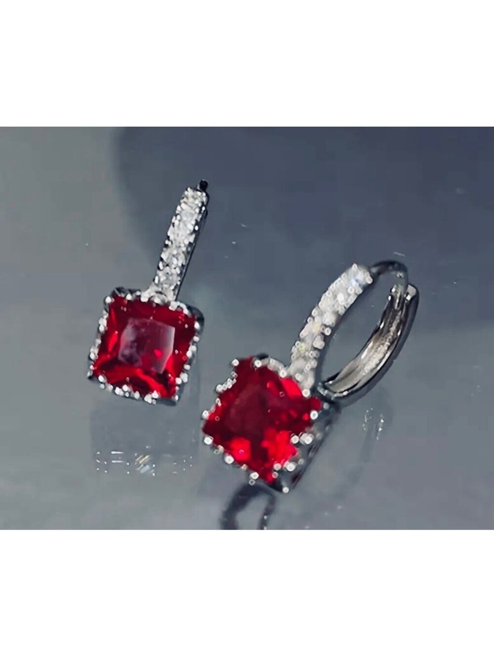 New - Gorgeous Princess Cut Red Zircon Earrings